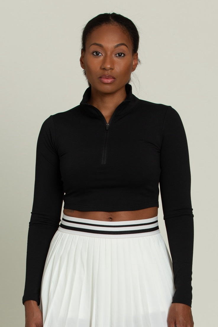 Black Athletic Half Zip Crop Top Gold Hinge