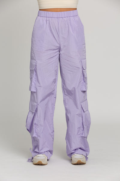 Straight Leg Cargo Pants With Bungee Cord Ties - Purple